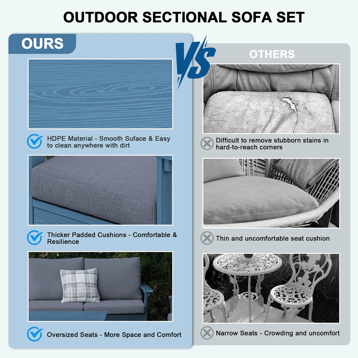 SERWALL Outdoor Patio Furniture Set, 7-Piece HDPE Outdoor Sofa Set Patio Conversation Set, Black Frame with Beige Cushions