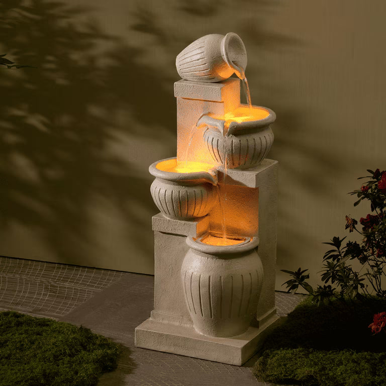 Teamson Home Outdoor Water Fountain with Lights�C 4-Tier Cascading Bowl Design with LED Light & Solar Pump, Solar-Powered Water Fountain Outdoor Garden, Yard, or Patio D��cor, Navy Blue