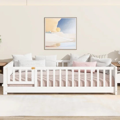 Bellemave Twin Size Floor Bed with Fence, Montessori Floor Twin Bed with Built-in Book Rack, Solid Wood Twin Bed with Slats and Safety Guardrails, Natural