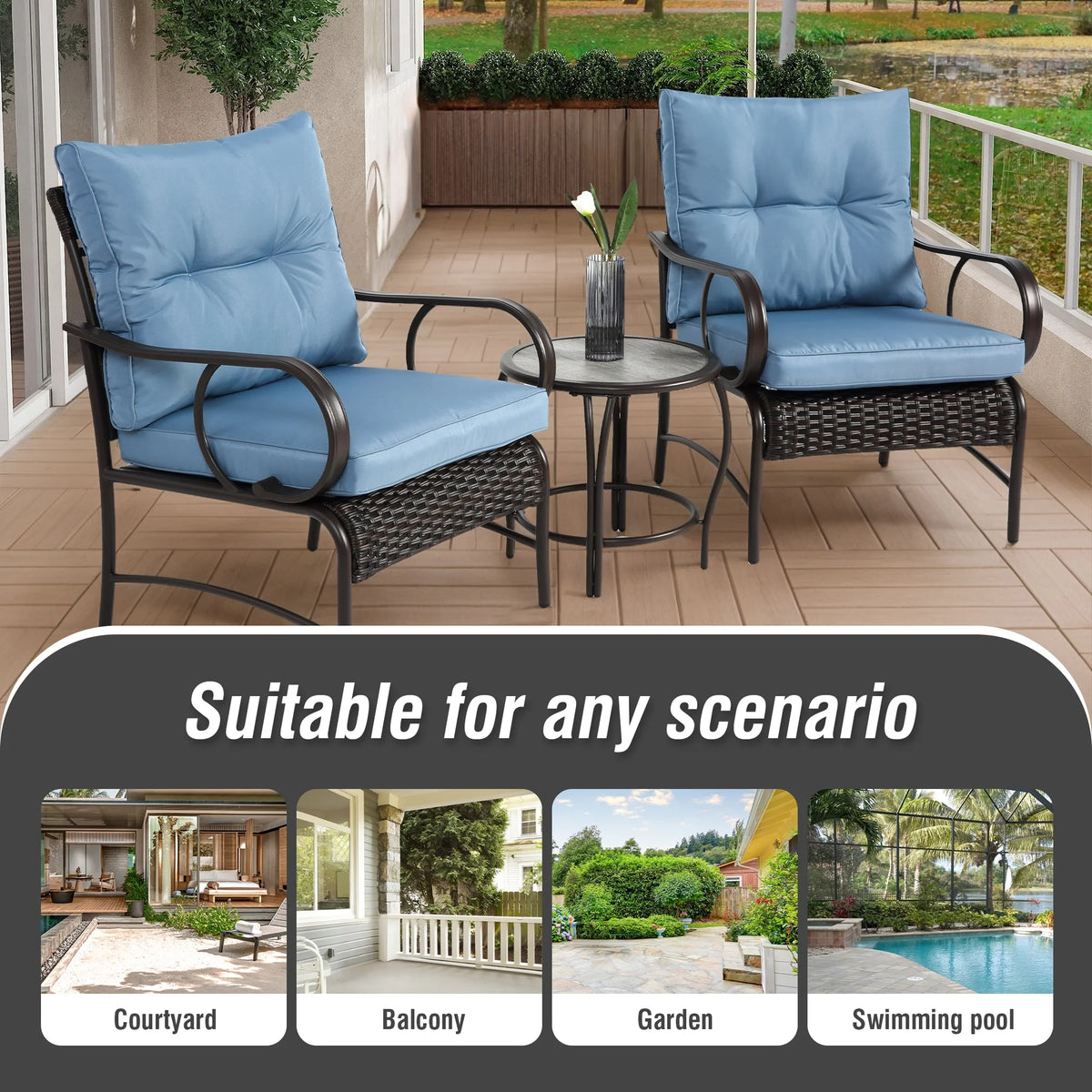 Villeston 3 Piece Outdoor Wicker Conversation Patio Set, with 2 Chairs, Table for Porch Garden,Blue