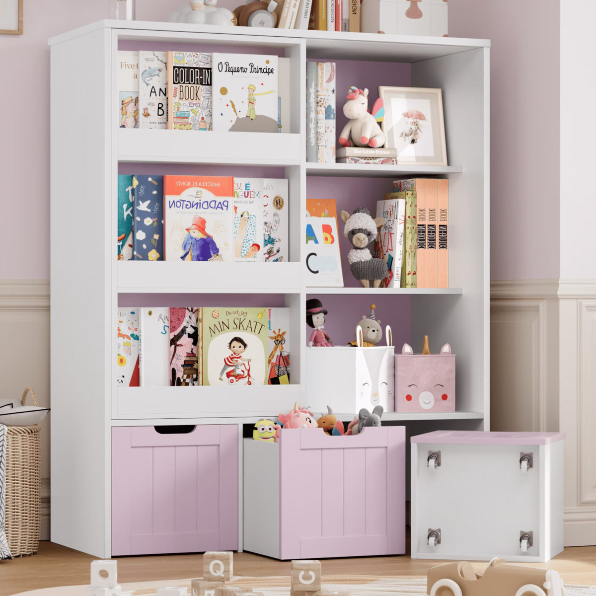 Homfa 6 Cube Toy Storage, Cube Organizer with Sliding Rack, 3 Drawer Kids Bookcase and Bookshelf, White