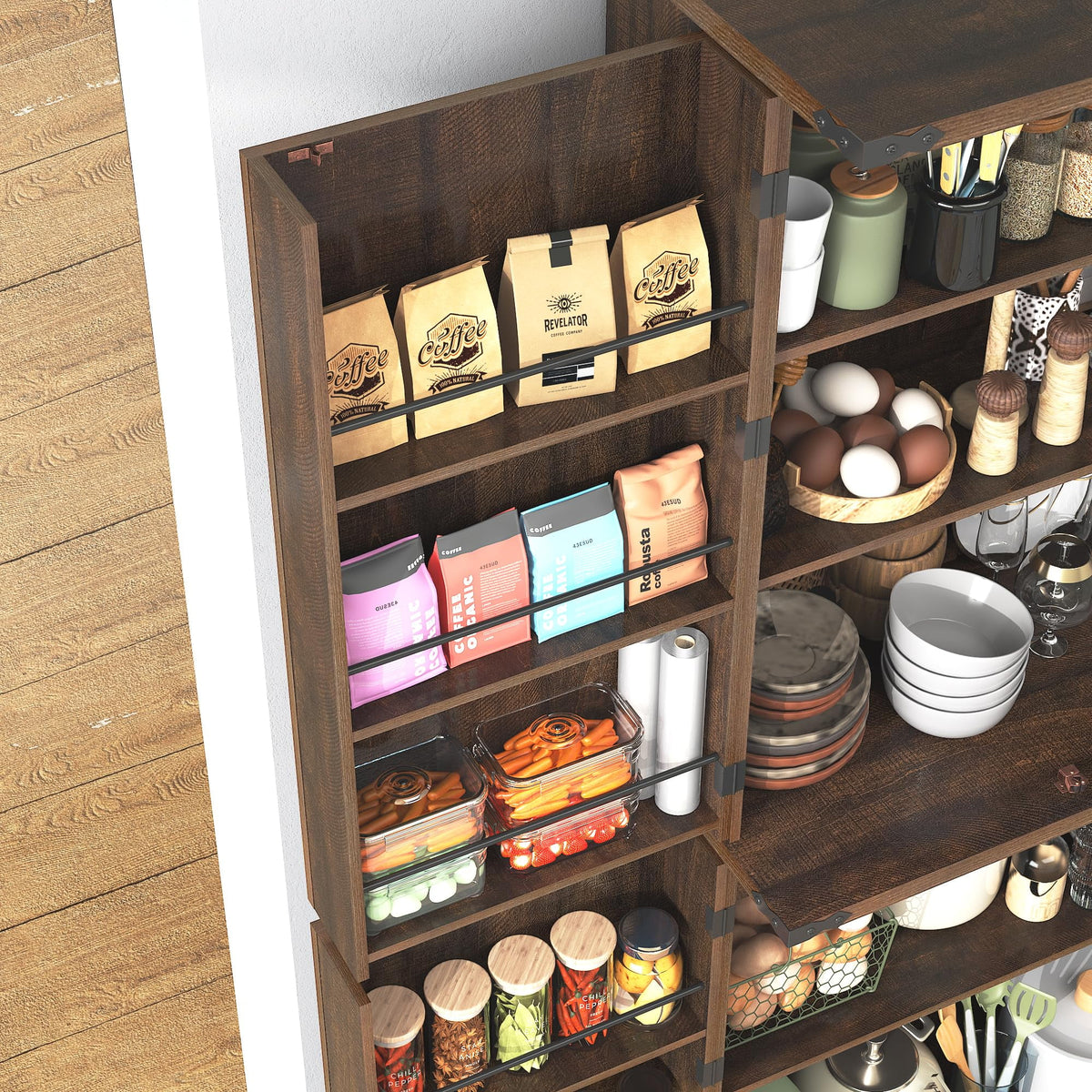71" Tall Farmhouse Kitchen Pantry with 12 Side Shelves & Adjustable Shelves, 5 Layers Pantry Storage Cabinet w/Load-Bearing Steel Pipe & 4 Barn Doors for Kitchen, Dining Room, Living Room, Brown