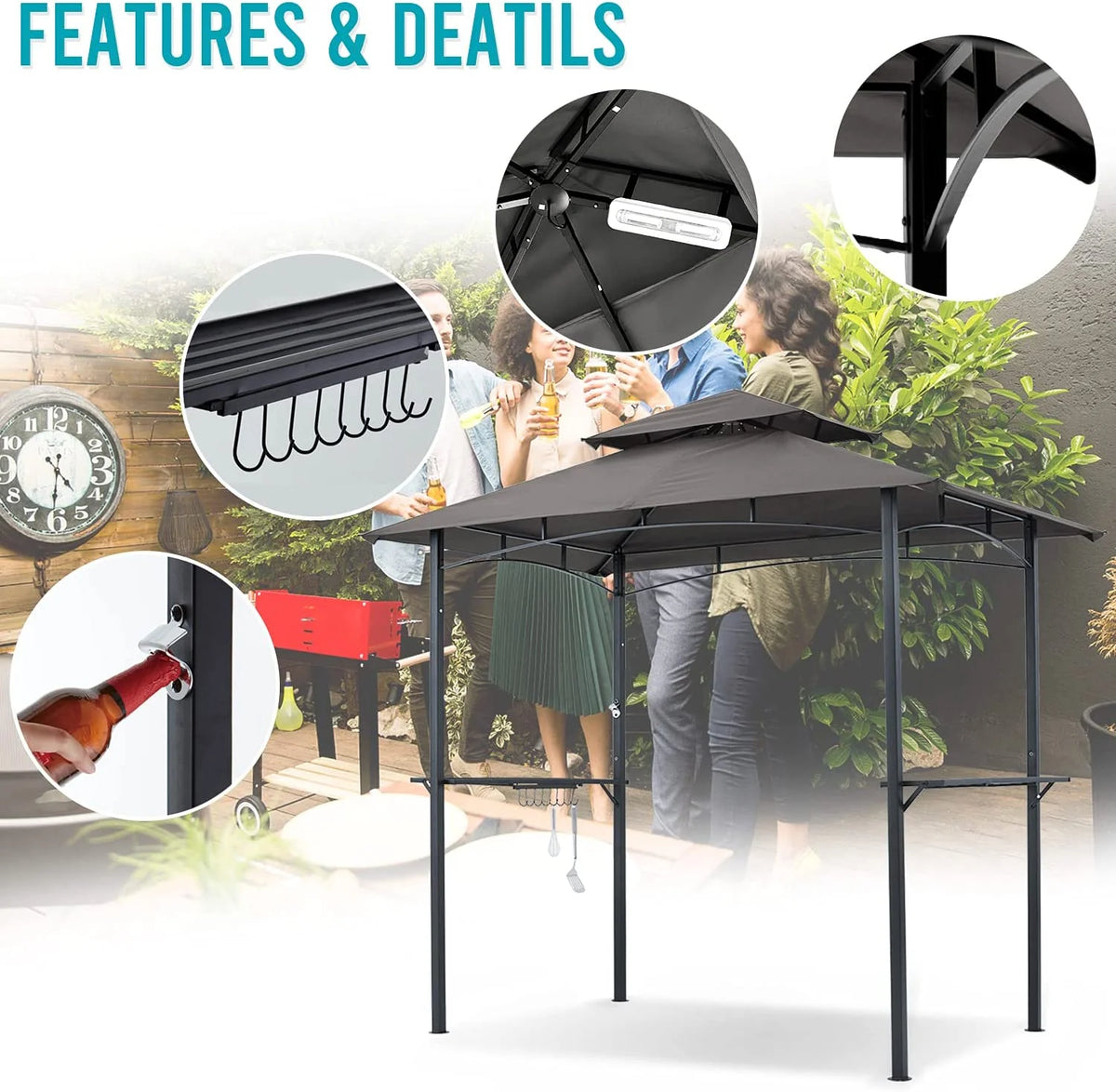 ABCCANOPY 8'x 5' Grill Gazebo Shelter, Double Tier Outdoor BBQ Gazebo Canopy with LED Light(Brown)