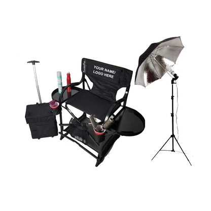 TuscanyPro Portable Makeup Artist Chair with Storage Cart & Umbrella Light Set - Perfect for Makeup, Salons, Movie Sets - Italian Design - 29 Inch Seat Height