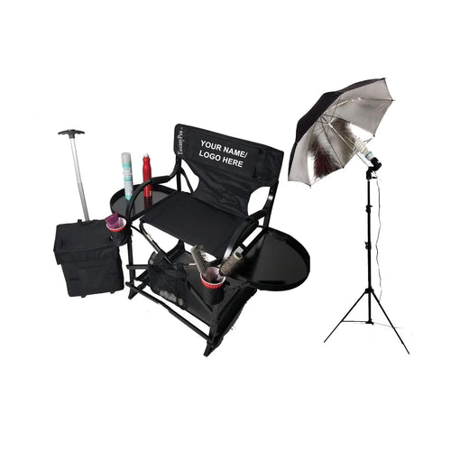 TuscanyPro Portable Makeup Artist Chair with Storage Cart & Umbrella Light Set - Perfect for Makeup, Salons, Movie Sets - Italian Design - 29 Inch Seat Height