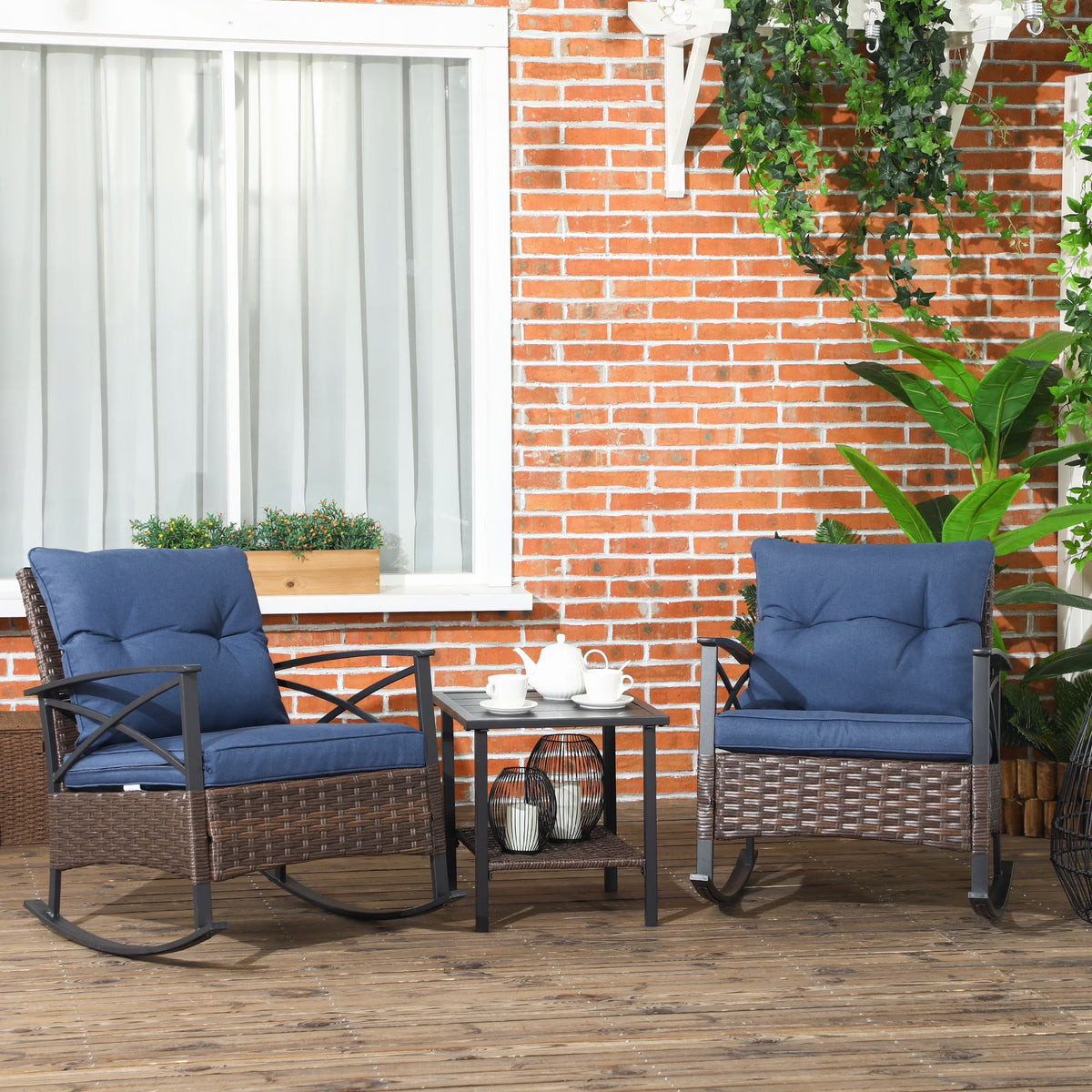 Outsunny 3pc Rocking Chair Set w/ Cushions, Wicker Bistro Set, Blue