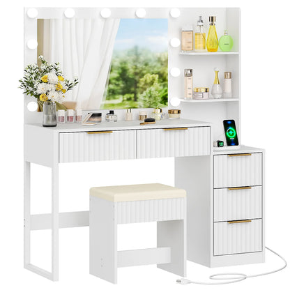 Ktaxon Flutted Makeup Vanity Table Set with 5 Drawer, Dressing Table w/Charging Station, Vanity Desk for Femal Gift, White