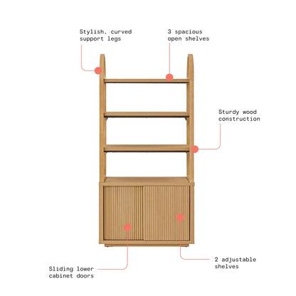 Beautiful Fluted 3-Shelf Bookcase with Storage Cabinet by Drew Barrymore, Light Honey Wood Finish