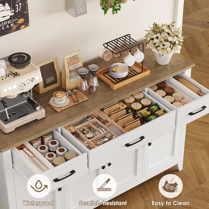 Hiphuta 55"Wide Buffet Cabinet with 2 Adjustable Shelves, Modern Farmhouse Coffee Bar with 3 Drawers and Sturdy Base for Living Room, White