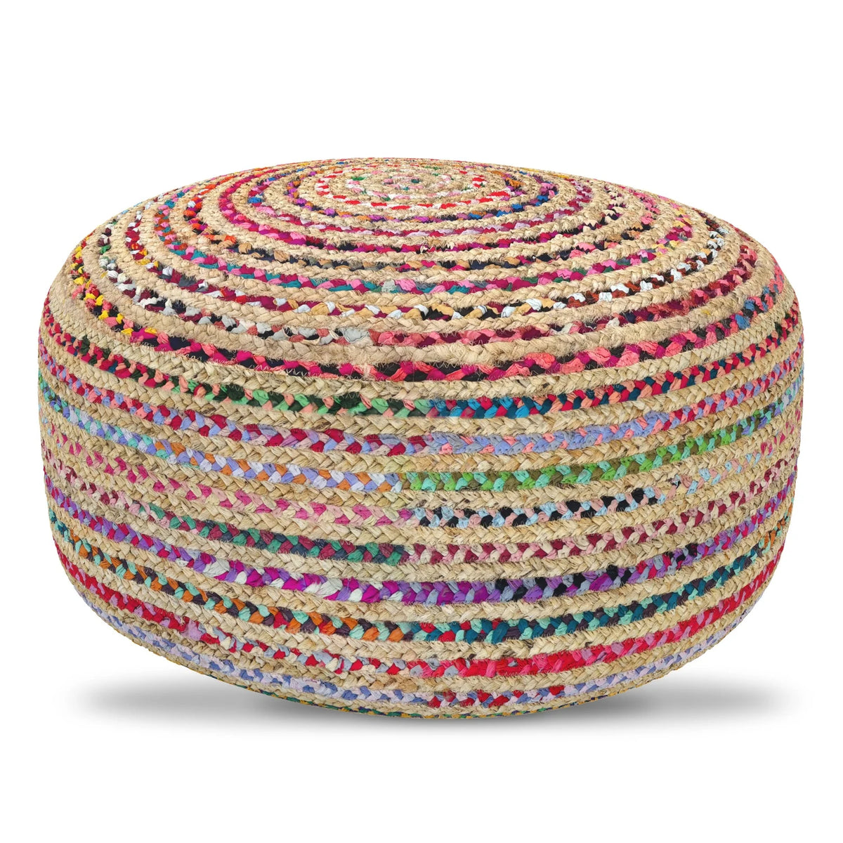Splendid Multicolor Jute Round Pouf, 30x30x14 Inch, Woven Boho Contemporary Accent & Footstool