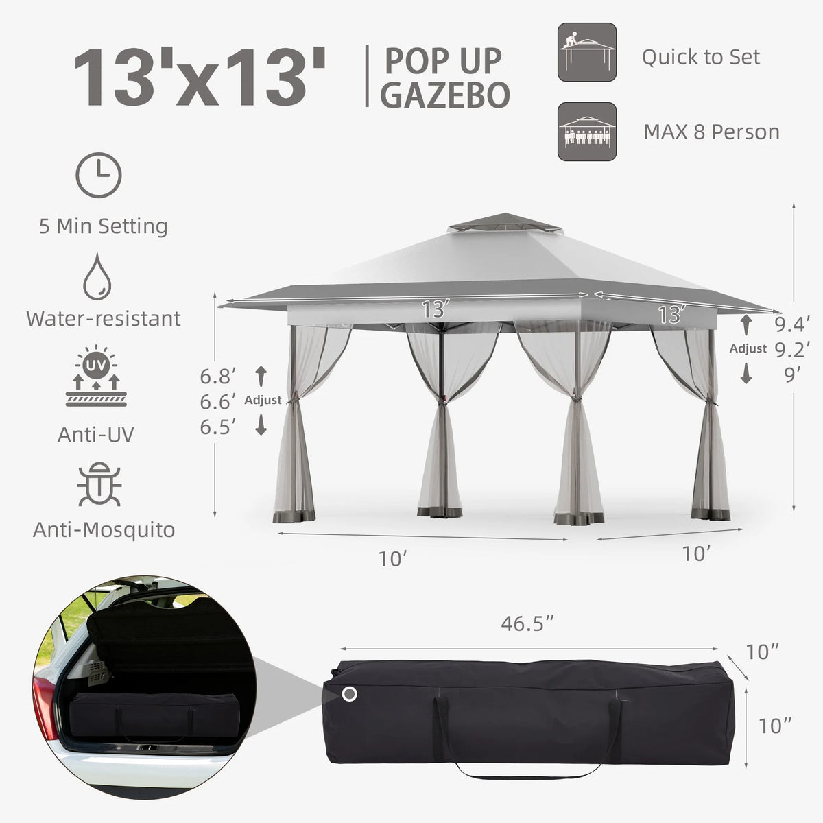 Bezseller 11x11 Pop up Gazebo, Outdoor Waterproof Canopy Tent with Mosquito Netting for Outdoors, Khaki