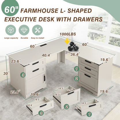 Haverchair 60" Executive L Shaped Desk with Drawers, Farmhouse Home Office Desk with Charging Station, Wood Corner Computer Desk with File Cabinet, Writing Computer Desk for Work and Study