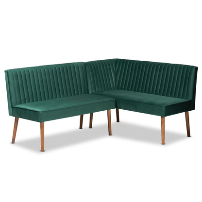 Baxton Studio Alvis Mid-Century Velvet Dining Nook Banquette Set(2PC) Emerald Green, Walnut Brown