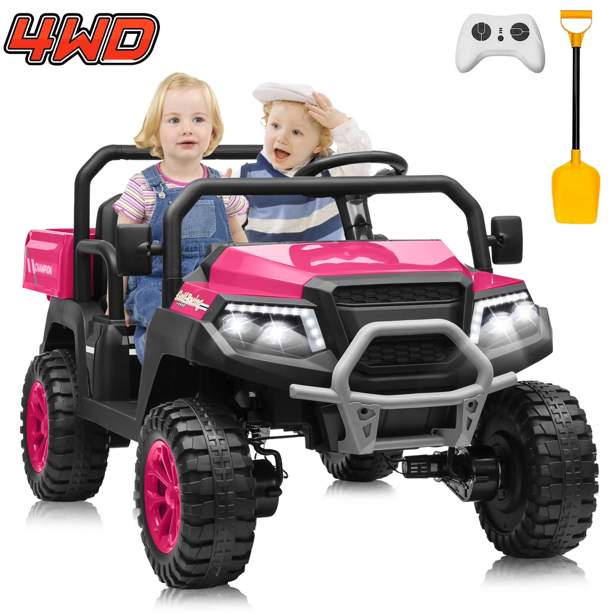 Joyracer 4WD 24 Volt Ride on Toys UTV with 2 Seater & Remote Control, Kids Electric Golf Cart w/ 4x200W Power Motors, Tiltable Trailer & Shovel, 4 Wheels Spring Suspension, Bluetooth USB Music, Black