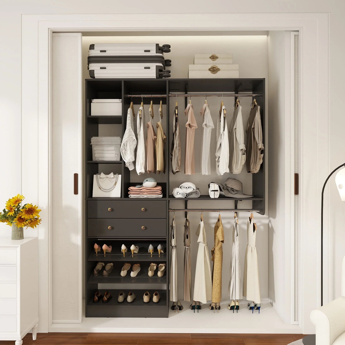 iSunirm 5FT Closet System with Drawers,5FT Closet System with Drawers, 60" Closet Organizer System with 2 Hanging Shelving Perfect Storage Solution for Organizing Your Closet