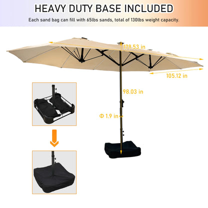 Mondawe 15ft Patio Umbrella, Large Double-Sided Solar LED Outdoor Umbrella with Fiberglass Ribs and Base for Deck Pool, Navy Blue