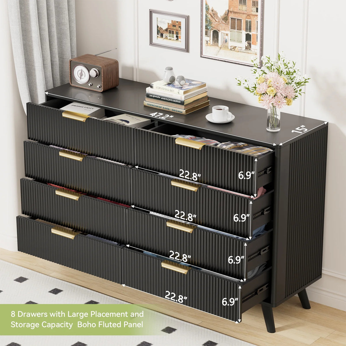 Planntonneo Boho Fluted 6 Drawer Dresser, Wooden Chests for Bedroom
