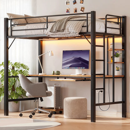 Lofka Twin Loft Bed with L-Shaped Desk, RGB Lights & Charging Station, 400lb Capacity Metal Frame, 3 Shelves & 2 Drawers, Easy Assembly��White