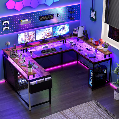 Yesfashion U Shaped Computer Gaming Desk, Reversible L Shaped Desk with Power Outlets, LED Strip & Monitor Stand, Large Corner Desk with Storage Shelves
