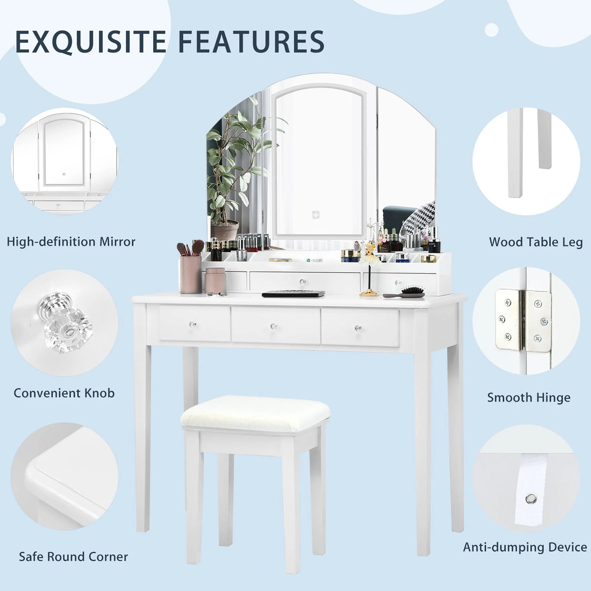 Costway Vanity Table Stool Set Large Tri-folding Lighted Mirror 6 Drawer Dresser White
