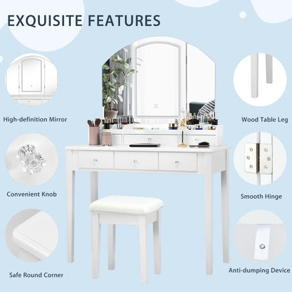 Costway Vanity Table Stool Set Large Tri-folding Lighted Mirror 6 Drawer Dresser White