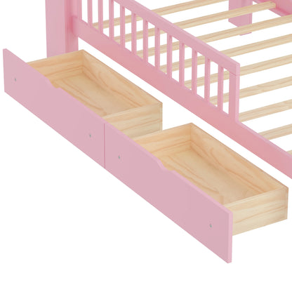 Euroco Wood Twin Size Platform Bed with Storage Headboard and Drawers, Low Profile Bed with Guardrails for Kids and Toddlers, White