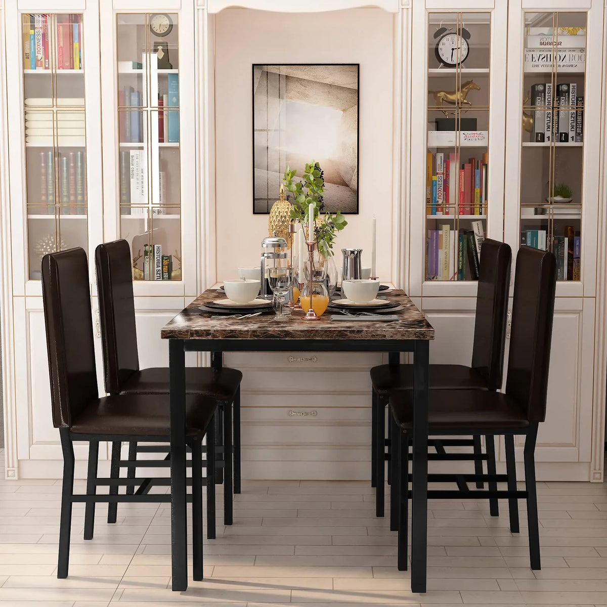 AWQM Dining Table Set of 4, Faux Marble 5 Piece Dining Room Table Set with PU Leather Chairs, Rectangular Kitchen Table Set for Apartment, Dining, White