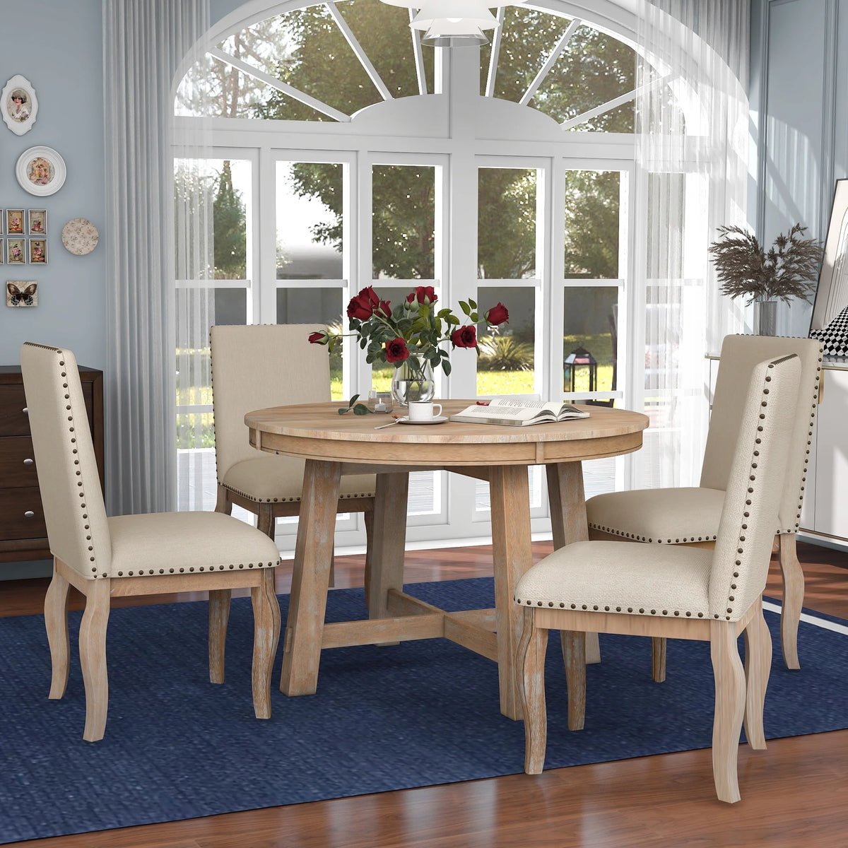 Harper & Bright Designs Round Extendable Dining Table Set for 4, 5 Piece Farmhouse Wood Dining Table Set with 4 Upholstered Dining Chairs, Natural Wood Wash