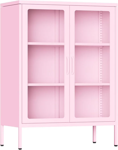 SUNCROWN Metal Storage Cabinet, Curio Display Cabinet with 2 Glass Display Door and 4 Shelves, Side Storage Organize, Modern Bookshelf Cabinet for livingroom, Bedroom, Kitchen, Black