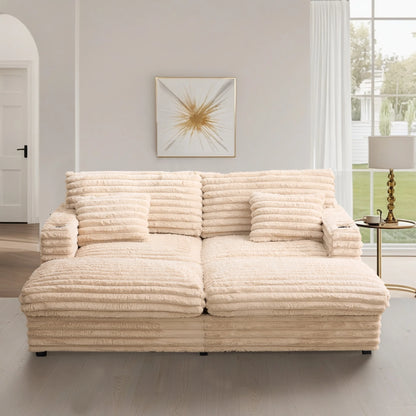 Oversized Double Chaise Lounge, Faux Fur Upholstered Deep Seat Sofa with 2 Pillows, 2 Cupholders, and Dual USB Ports