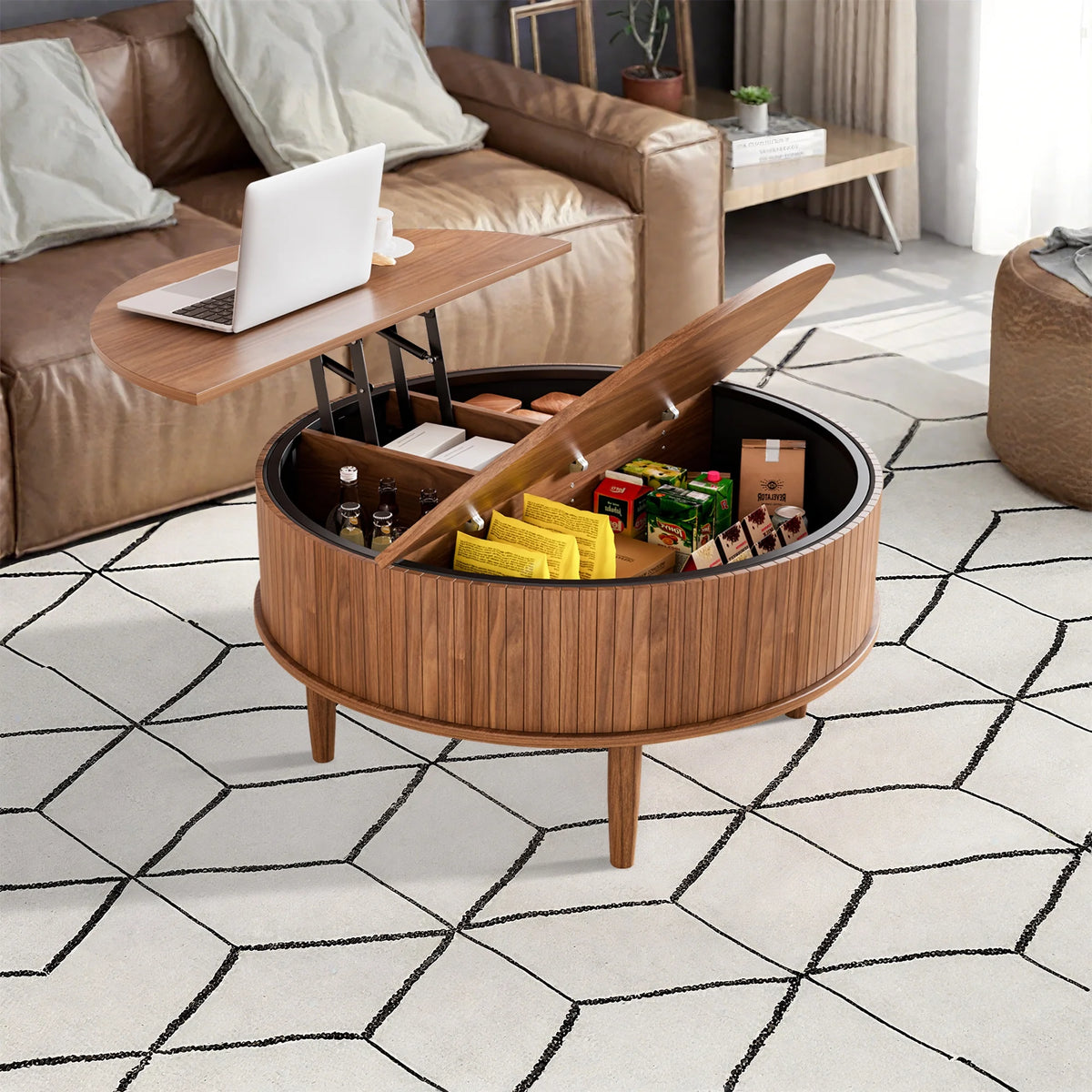 Oubayajia Round Coffee Table, Small Fluted Lift Top Center Table for Home Living Room Office, Walnut