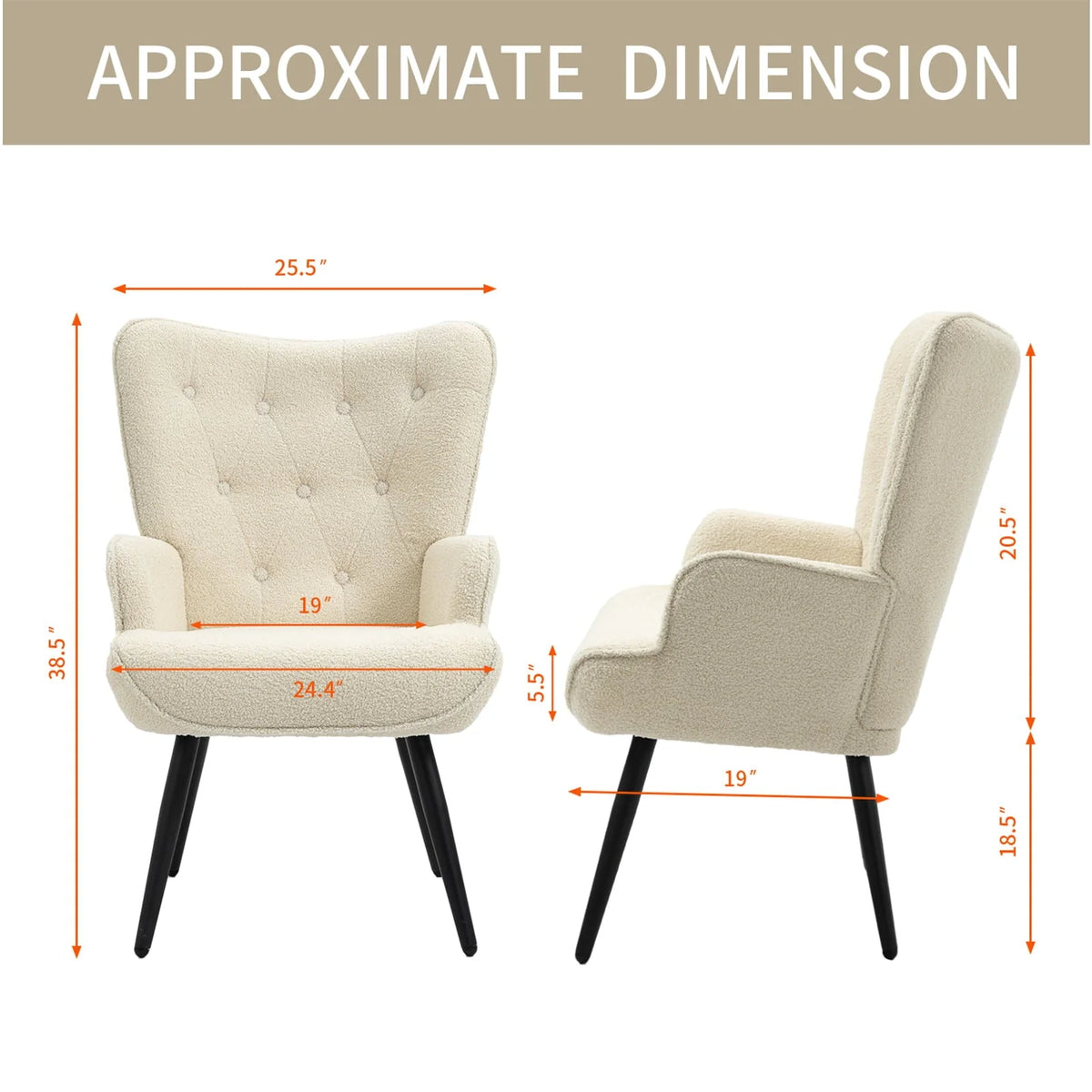 Furniliving Tufted Button Wingback Chair Upholstered Sherpa Accent Chair with Wide Arm Modern Leisure Club Chair, Lvory white