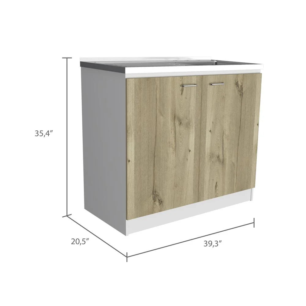 Depot E-Shop Salento Freestanding Sink With Double Door Cabinet, 2 Shelves, White/Light Oak