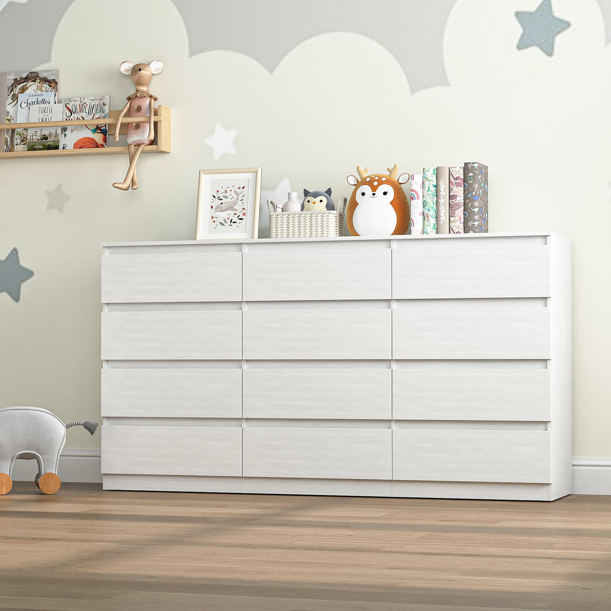 Kadyn White Chest of Drawer, 6 Double Drawer Dresser for Bedroom, Modern Storage Cabinet for Living Room, Dresser
