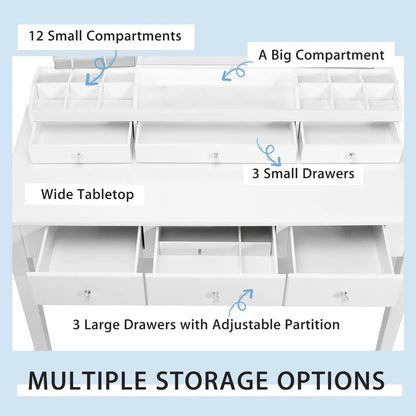 Costway Vanity Table Stool Set Large Tri-folding Lighted Mirror 6 Drawer Dresser White