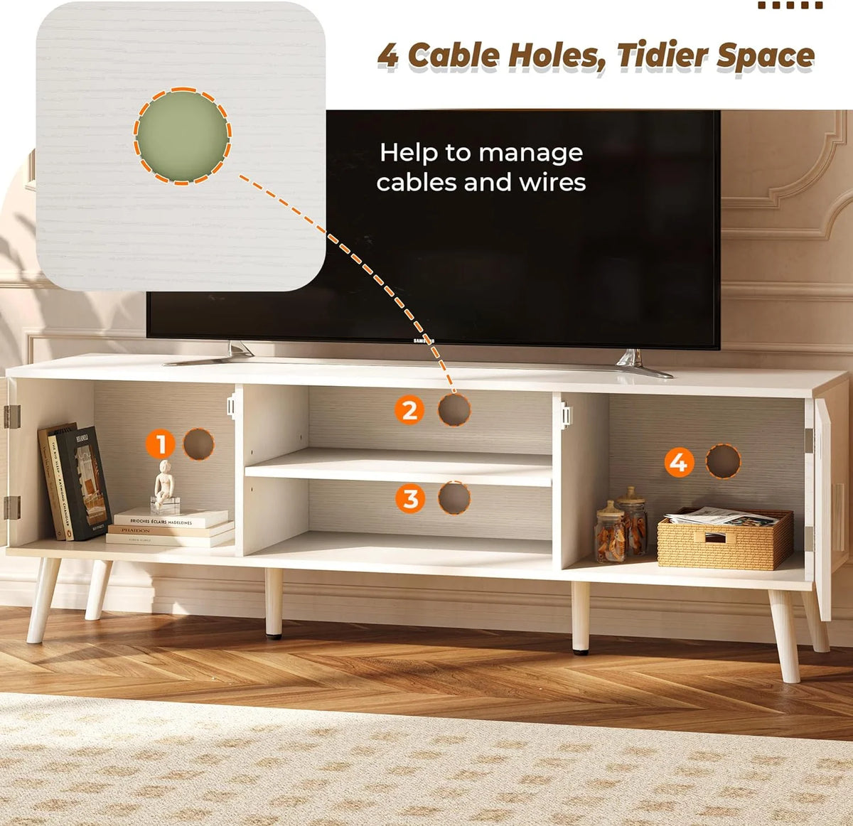 LL TV Stand for 55 Inch TV, Entertainment Center with Adjustable Shelf, 2 Cabinets, TV Console Table, Media Console, Solid Wood Feet, Cord Holes, for Living Room, Bedroom, White