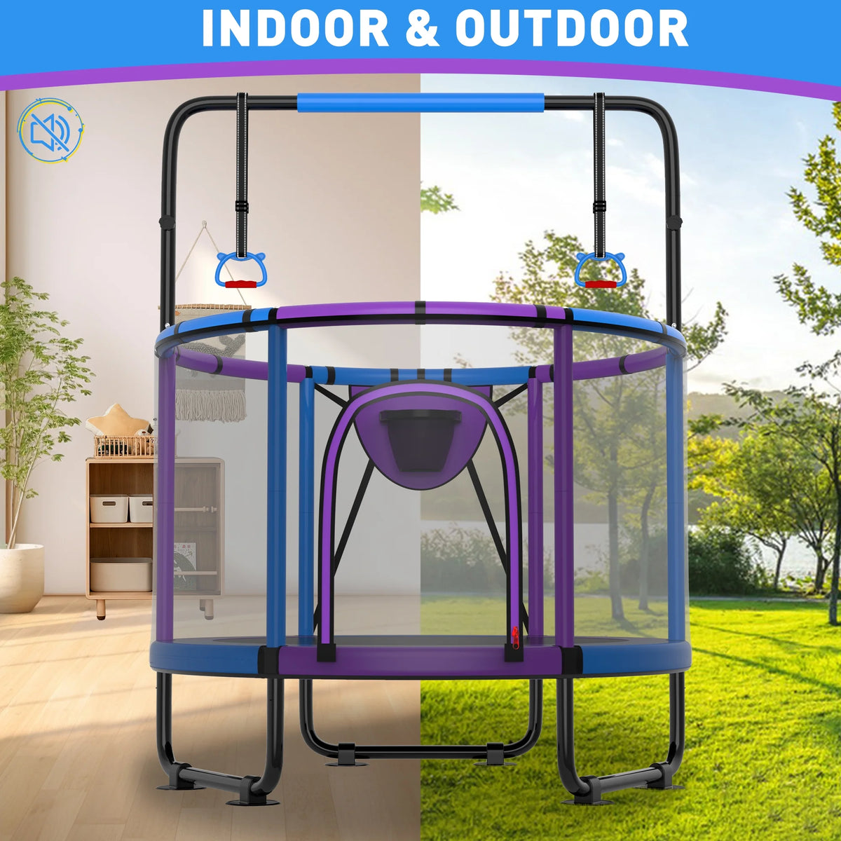 CITYLE Trampoline for Kids 600LBS 60'' 5FT Toddler Trampoline Indoor Outdoor with Basketball Hoop, Swing, Adjustable Bar, Mini Small Trampoline with Enclosure, Gifts for Toddlers, Boys & Girls