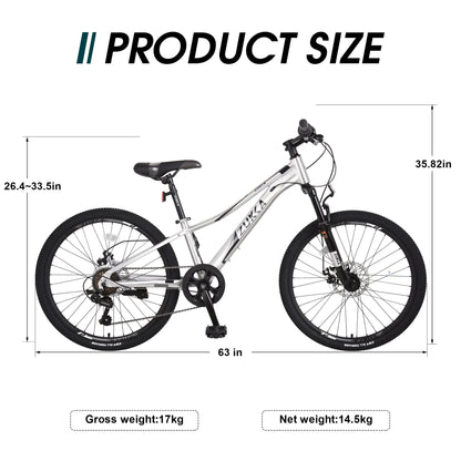 Meghna 7-Speed Mountain Bike for Girls Boys 24 inch Shimano Kids Bicycle Silver 9-12 Year Child
