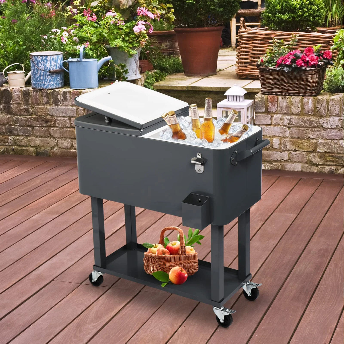 BNSPLY 80 Quart Outdoor Cooler Cart Rolling Ice Chest Cooler Cart, Portable Patio Cooler with Bottle Opener, Handles and Drainage, Standing Cooler for Patio Party, Camping and BBQ, Mint Green