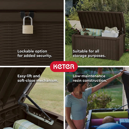 Keter Borneo 110 Gallon Rattan Wicker Resin Deck Storage Box Bench, Brown