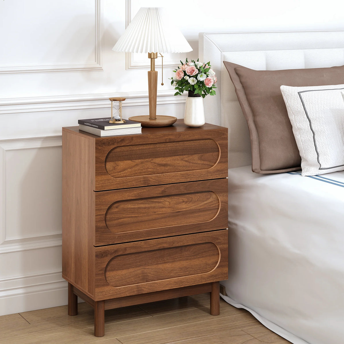 MIYZEAL Modern Wood Chest of 3 Drawers Bedroom Dresser, Wide Storage Cabinet & Contemporary Nightstand for Adults Walnut Finish Bedside Furniture
