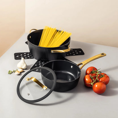 Thyme & Table 12-Piece Nonstick Signature Ribbed Cookware Set, Pots and Pans Set - Black & Gold