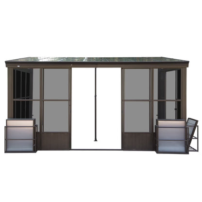 TOTAL Outdoor 10'x12' All-Season Sunroom Gazebo with Steel Roof, PVC Screen, Front & Side Door, Brown
