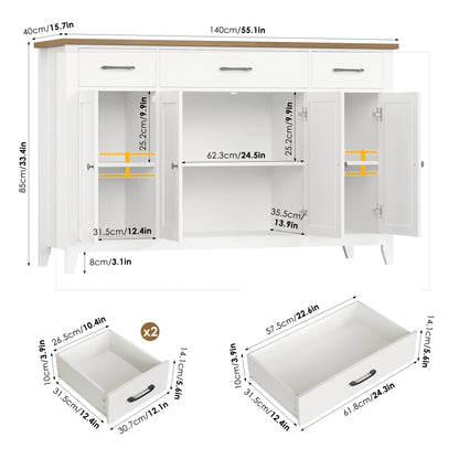 Hiphuta 55"Wide Buffet Cabinet with 2 Adjustable Shelves, Modern Farmhouse Coffee Bar with 3 Drawers and Sturdy Base for Living Room, White
