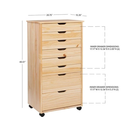 Linon Callie Eight Drawer Rolling Storage Cart in Natural Stained Wood