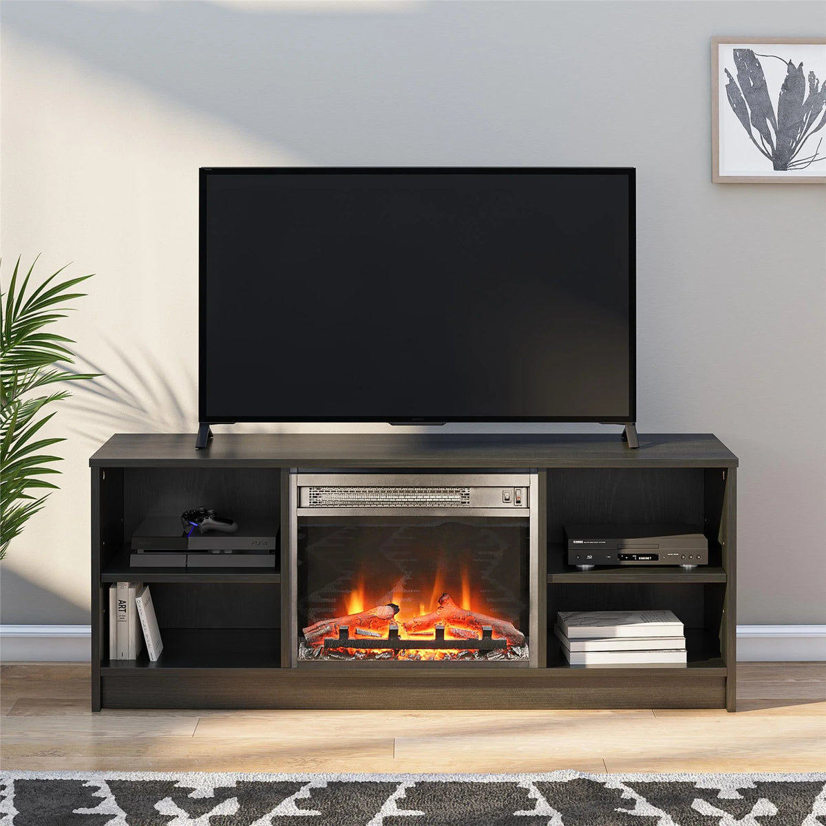 Mainstays Fireplace TV Stand, for TVs up to 55", Black Oak