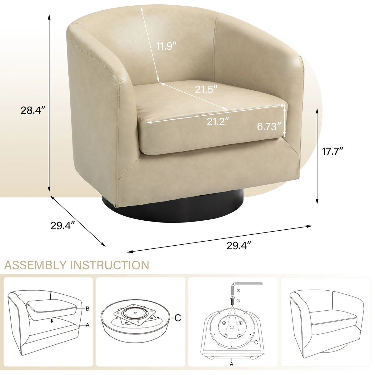 DREAMSIDEA Swivel Barrel Accent Chair for Living Room, Modern Upholstered Round Club Armchair-Cream