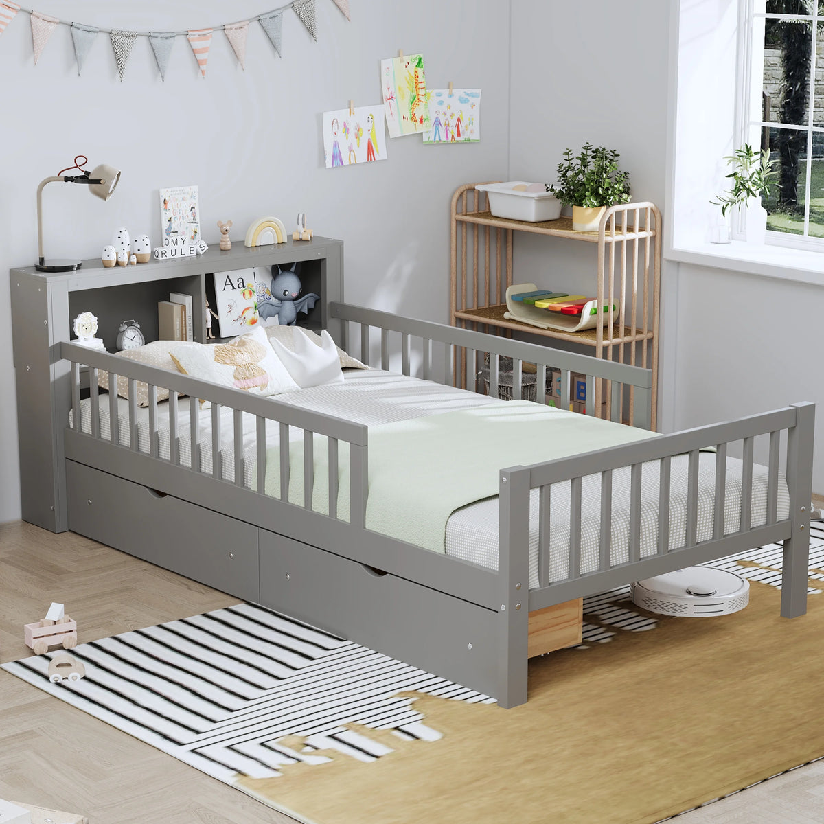 Euroco Wood Twin Size Platform Bed with Storage Headboard and Drawers, Low Profile Bed with Guardrails for Kids and Toddlers, White