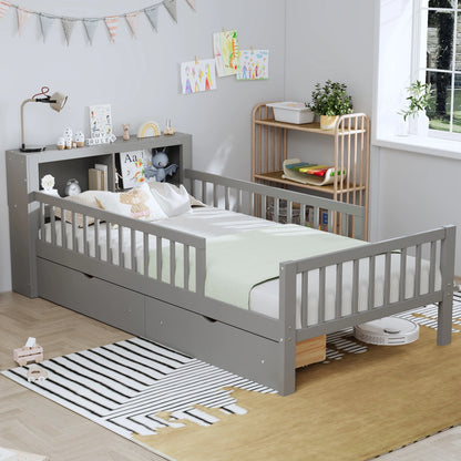 Euroco Wood Twin Size Platform Bed with Storage Headboard and Drawers, Low Profile Bed with Guardrails for Kids and Toddlers, White