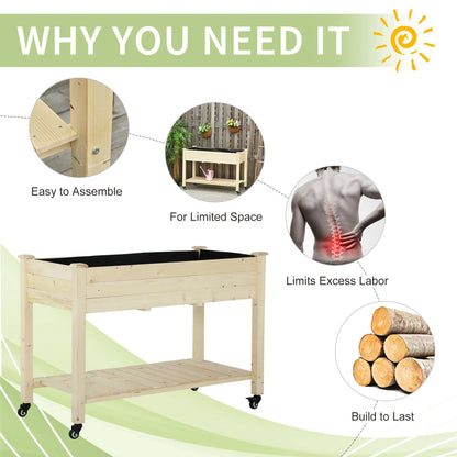 Outsunny 47" x 21" Raised Garden Bed Elevated Wooden Planter Box w/ Lockable Wheels, Storage Shelf and Bed Liner for Backyard, Patio, Dark Gray